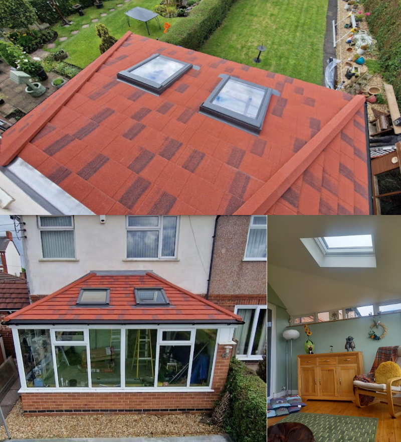 Solid roof conservatory with Velux windows from multiple angles