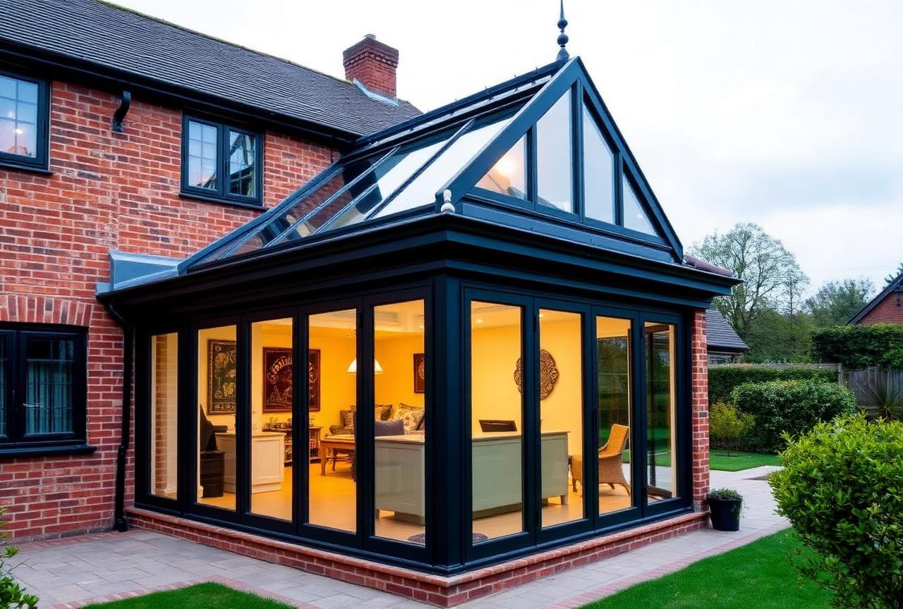Bespoke orangery with aluminium frames and brick pillars